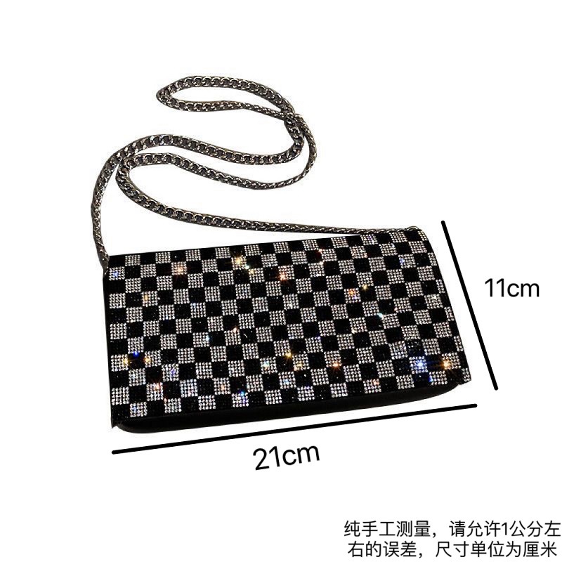 跨境电商新款格纹水钻链条斜挎包长款手机包时尚晚宴包单肩包详情15