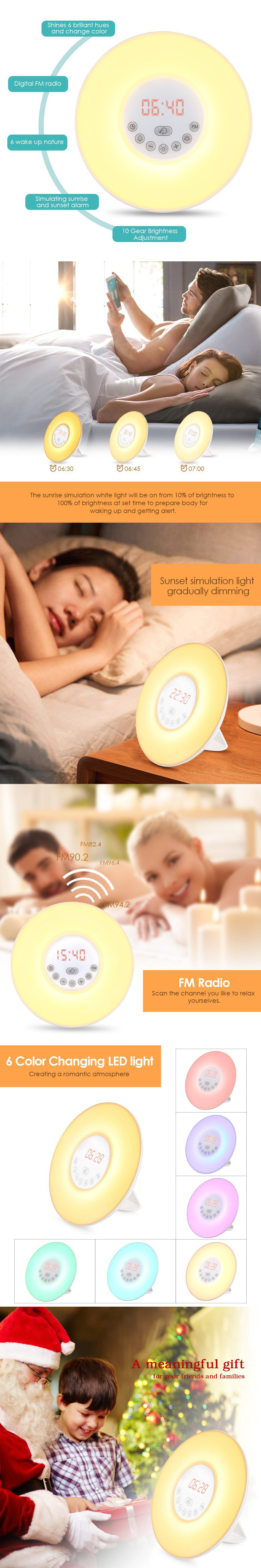 Creative alarm clock, radio, seven-color desk lamp, bedside night light, simulated sunrise wake-up, one-piece consignment in stock pic 2
