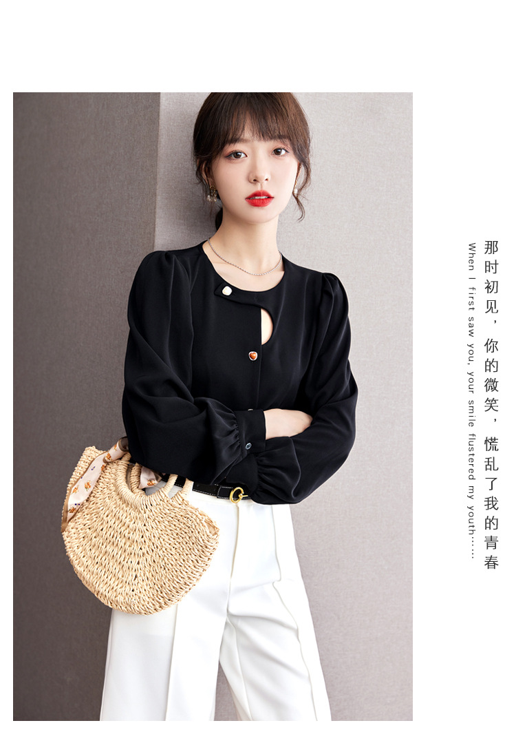 法式小众复古镂空衬衫女2024年春秋季新款不规则设计感泡泡袖上衣详情6