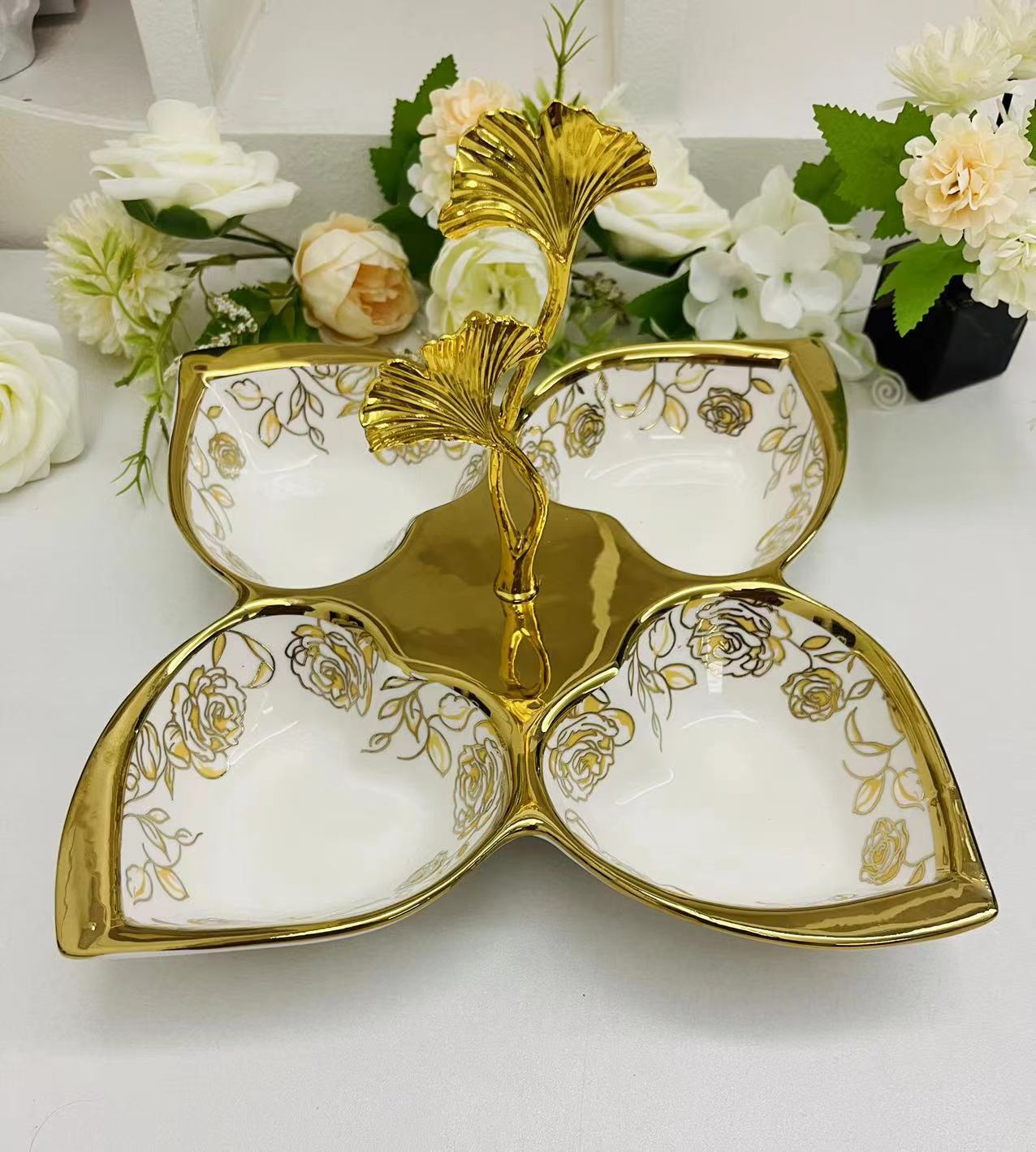 Creative ceramic multi-compartment fruit plate, pastry plate, flower tea, dried fruit snack plate, crystal, 4-compartment tableware, fruit plate, 13-piece golden castle vase pic 13