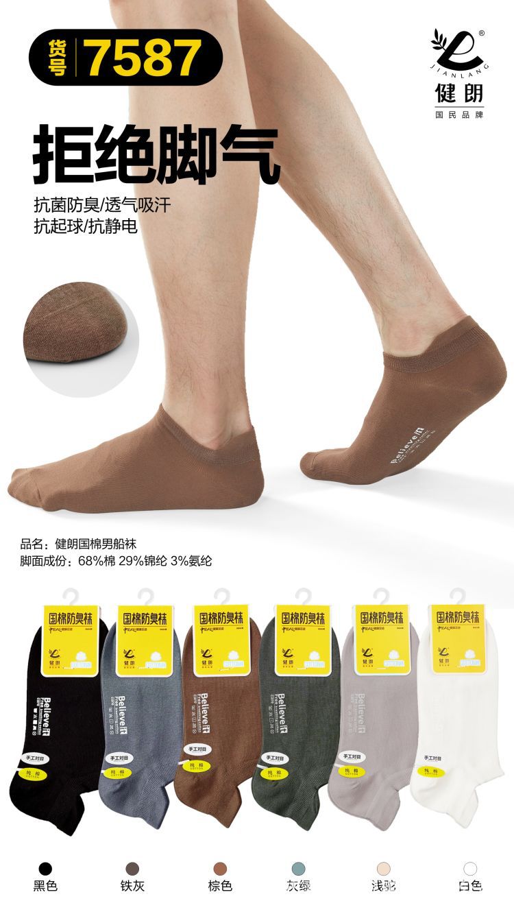 健朗春夏款男袜精梳棉船袜薄款透气隐形袜吸汗防臭广东袜盒装详情36