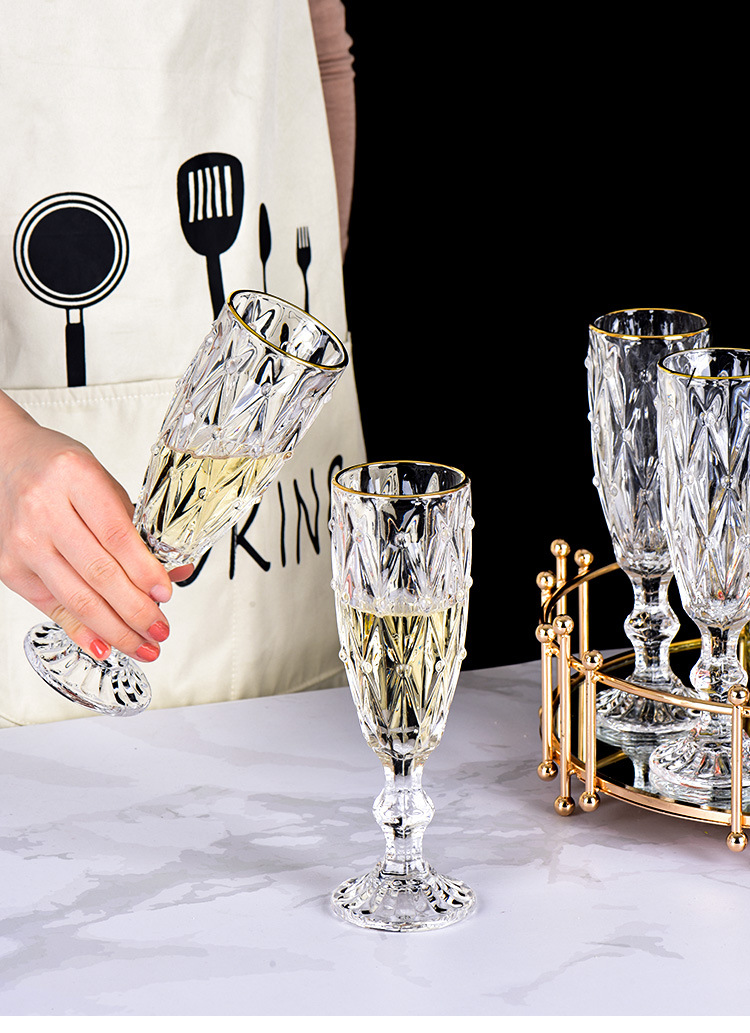 厂家批发透明玻璃果汁杯 机压印花加厚复古菱形花纹红酒香槟杯详情8