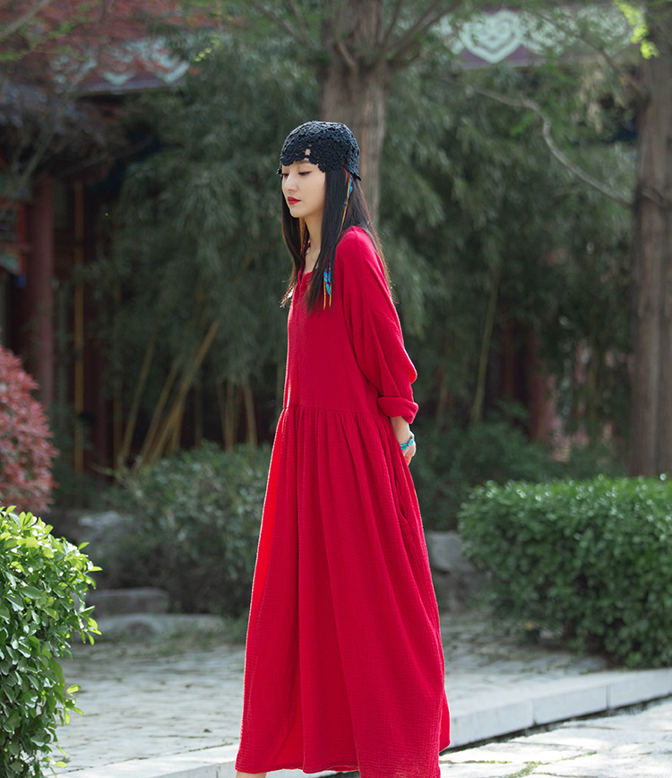 Spring and summer V-neck textured natural linen loose robe, double-layer large hem elegant long dress, retro fairy dress pic 13