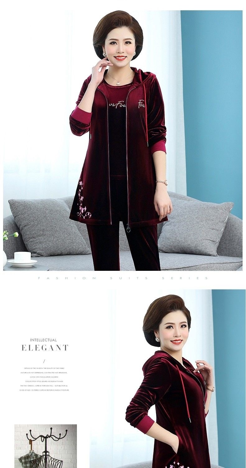 Middle-aged casual set for women in autumn, stylish, long velvet coat for middle-aged and elderly people, and a three-piece set for moms pic 7