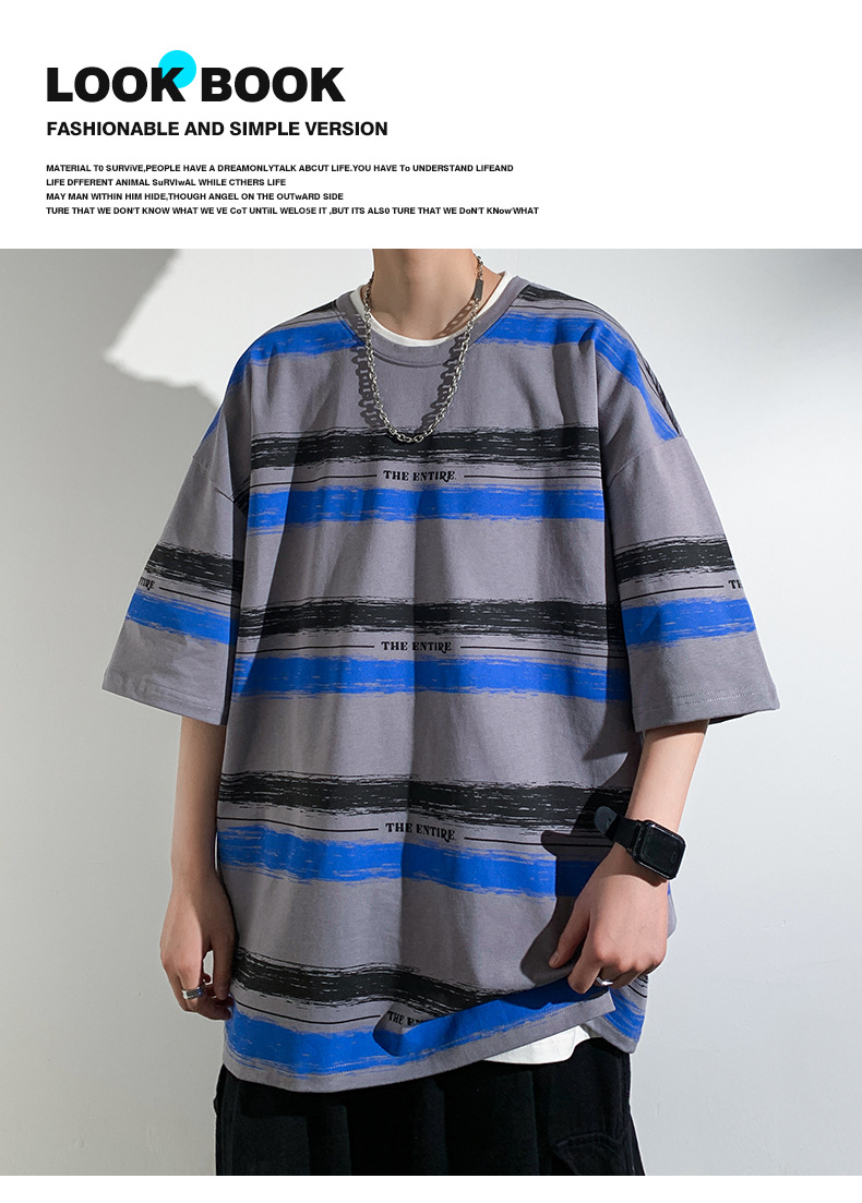 全棉条纹短袖T恤男2024港风青少年百搭宽松五分袖纯棉体恤衣服潮详情1