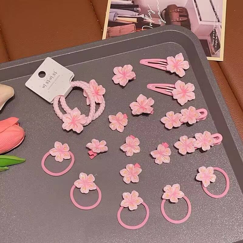 春日韩版樱花儿童不伤发发夹粉嫩可爱少女心发卡花朵头绳女孩皮套详情23