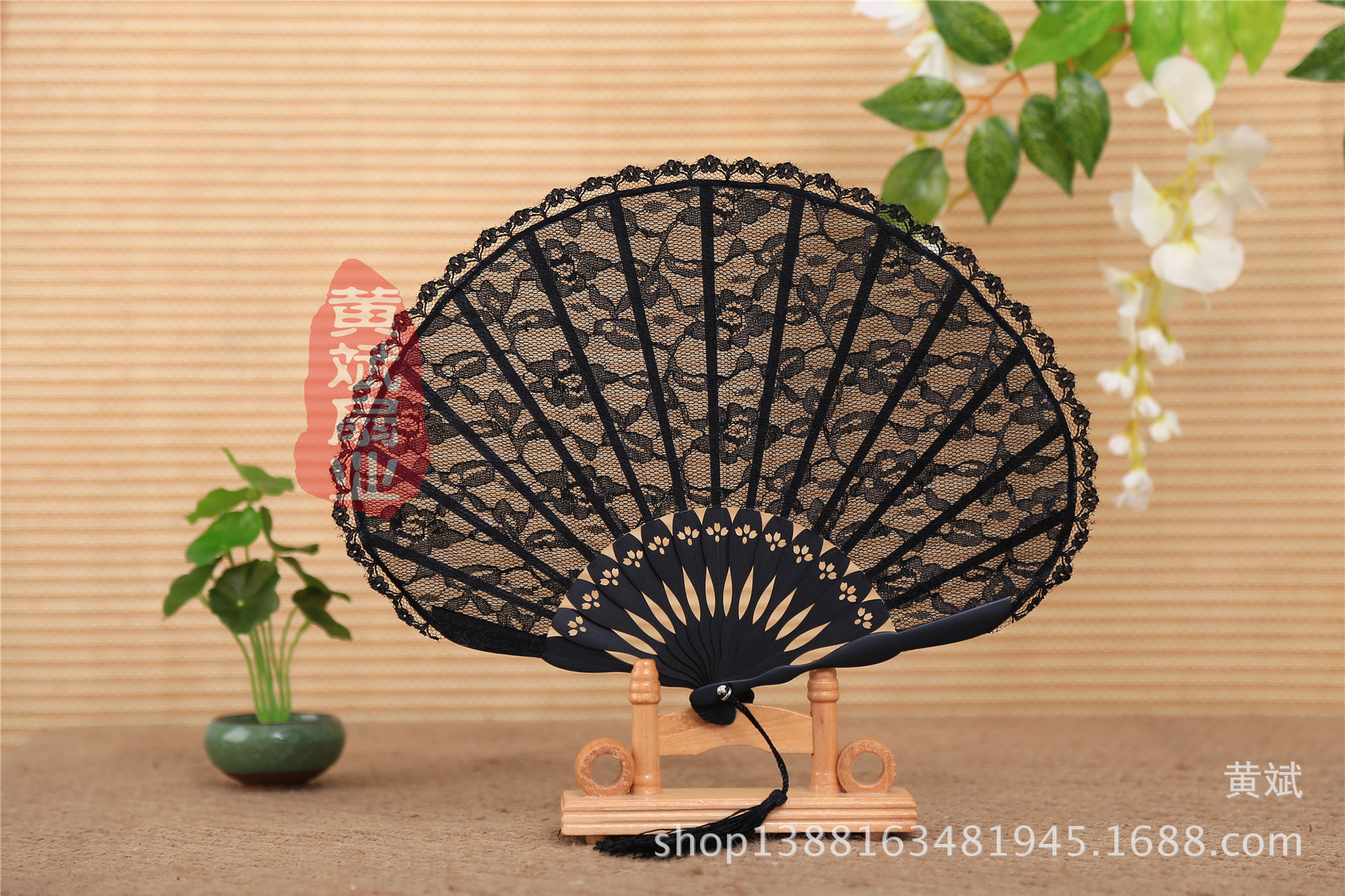 复古精品女士和扇 贝壳扇 大刀扇 礼品扇 双层黑蕾丝花边扇子详情3