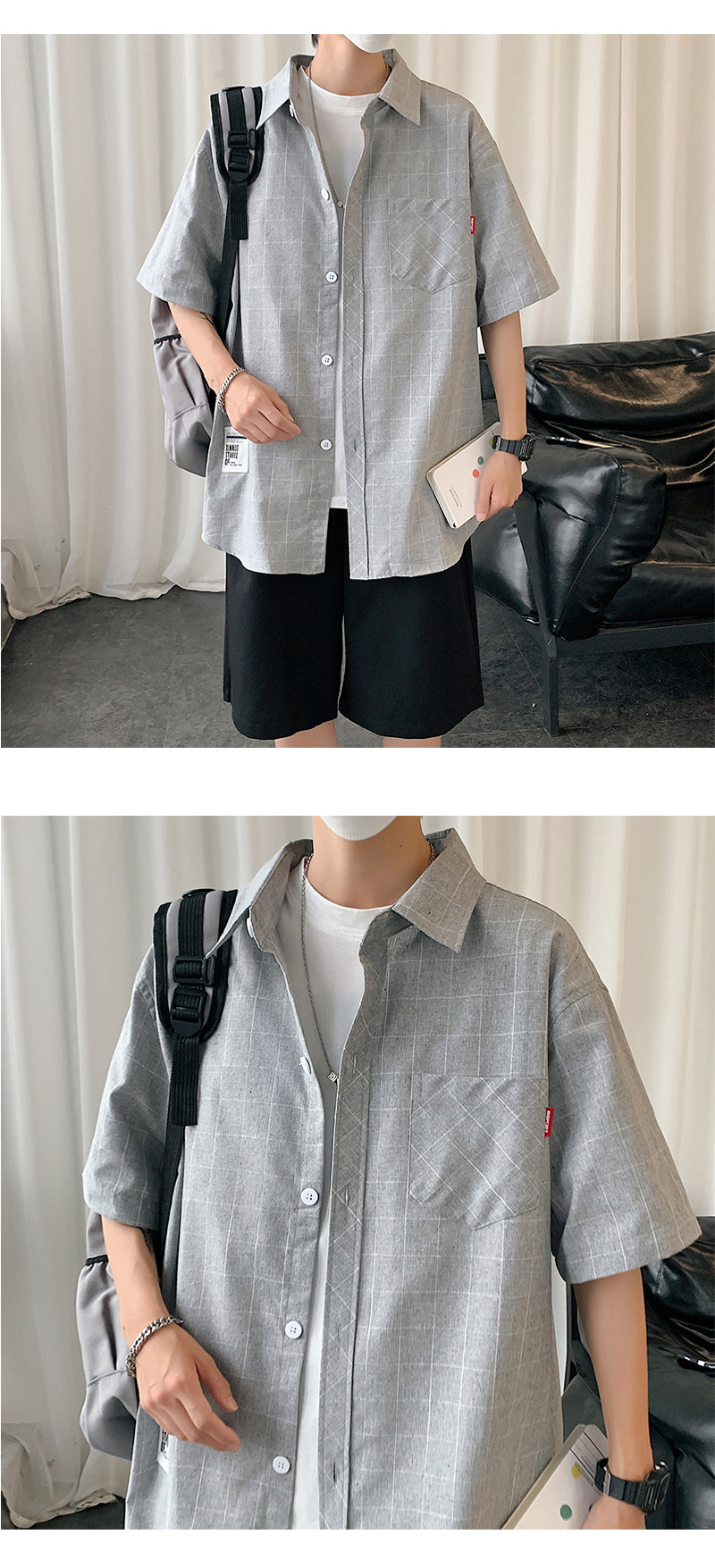 G51（港风）格子衬衫男短袖夏季男士休闲潮流帅气衬衣详情1