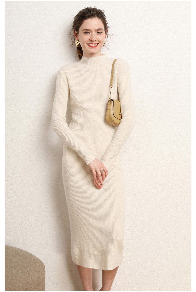 Early autumn semi-high-neck wool dress for women, mid-length sweater, knee-length cashmere knitted body-hugging skirt, long skirt as a base layer pic 18