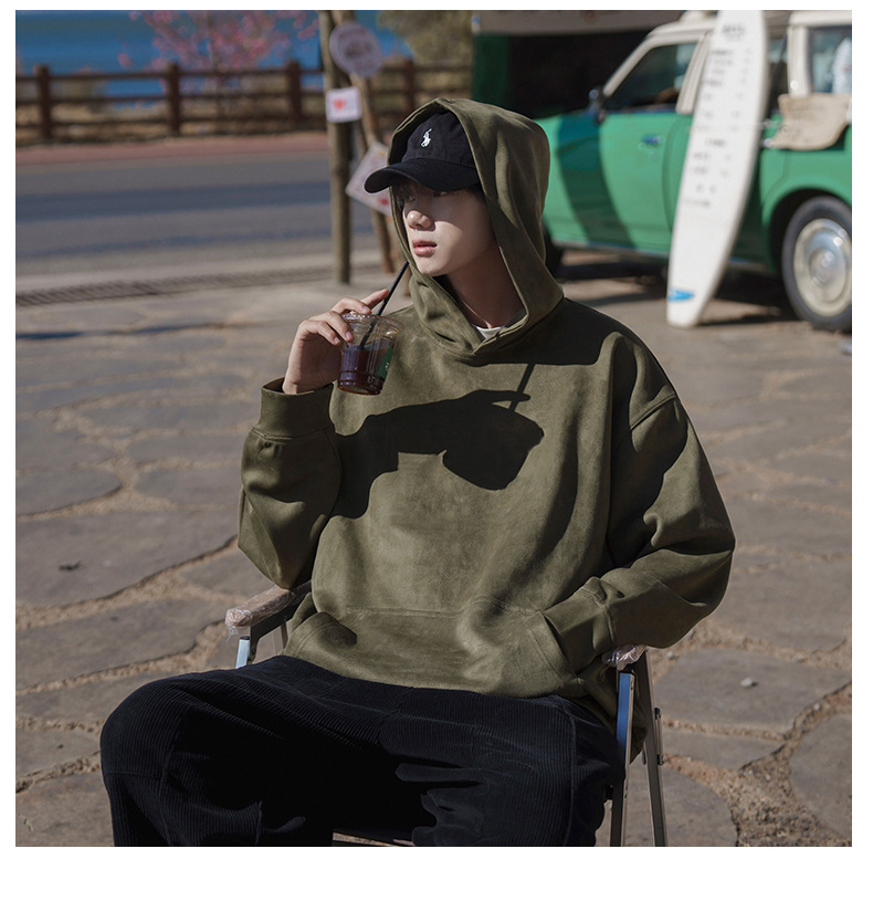 麂皮绒卫衣男士2023秋季新款美式潮牌重磅纯色连帽情侣上衣外套男详情23
