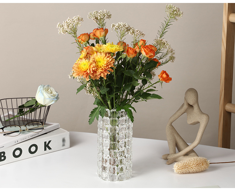 Pastoral simple crystal glass vase, living room dining table flower vase, transparent checkered fresh flower round straight tube vase pic 12