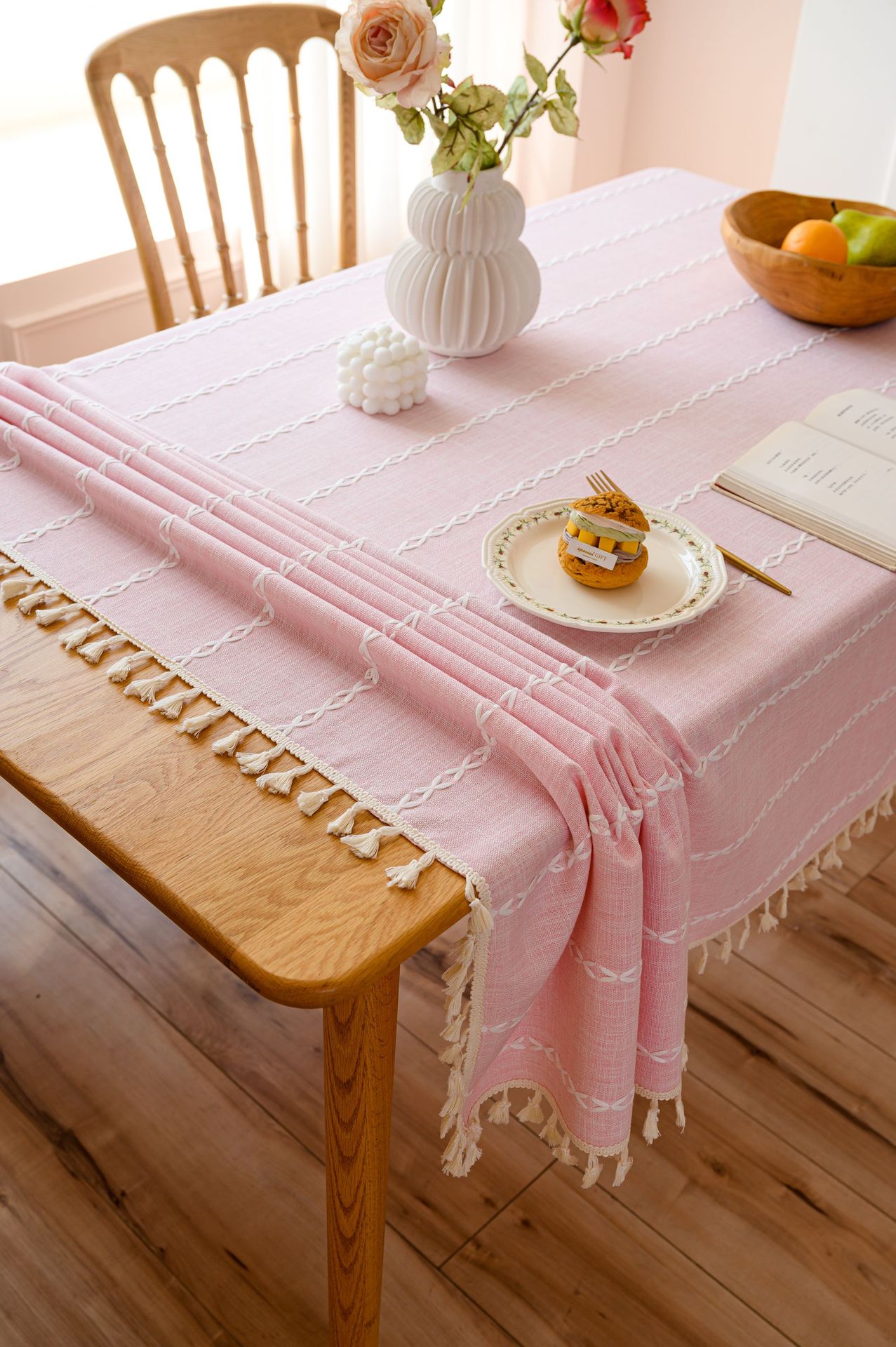 Cross-border three-dimensional embroidered striped tablecloth, popular black solid color, white cotton and linen tablecloth cover, fabric outdoor party pic 19