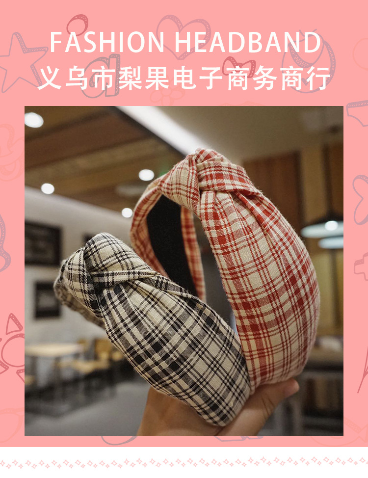 The new Korean version of the irregular checkered knot headband features a simple cross checkered pattern for women and a wide edged-tied knot headband pic 1