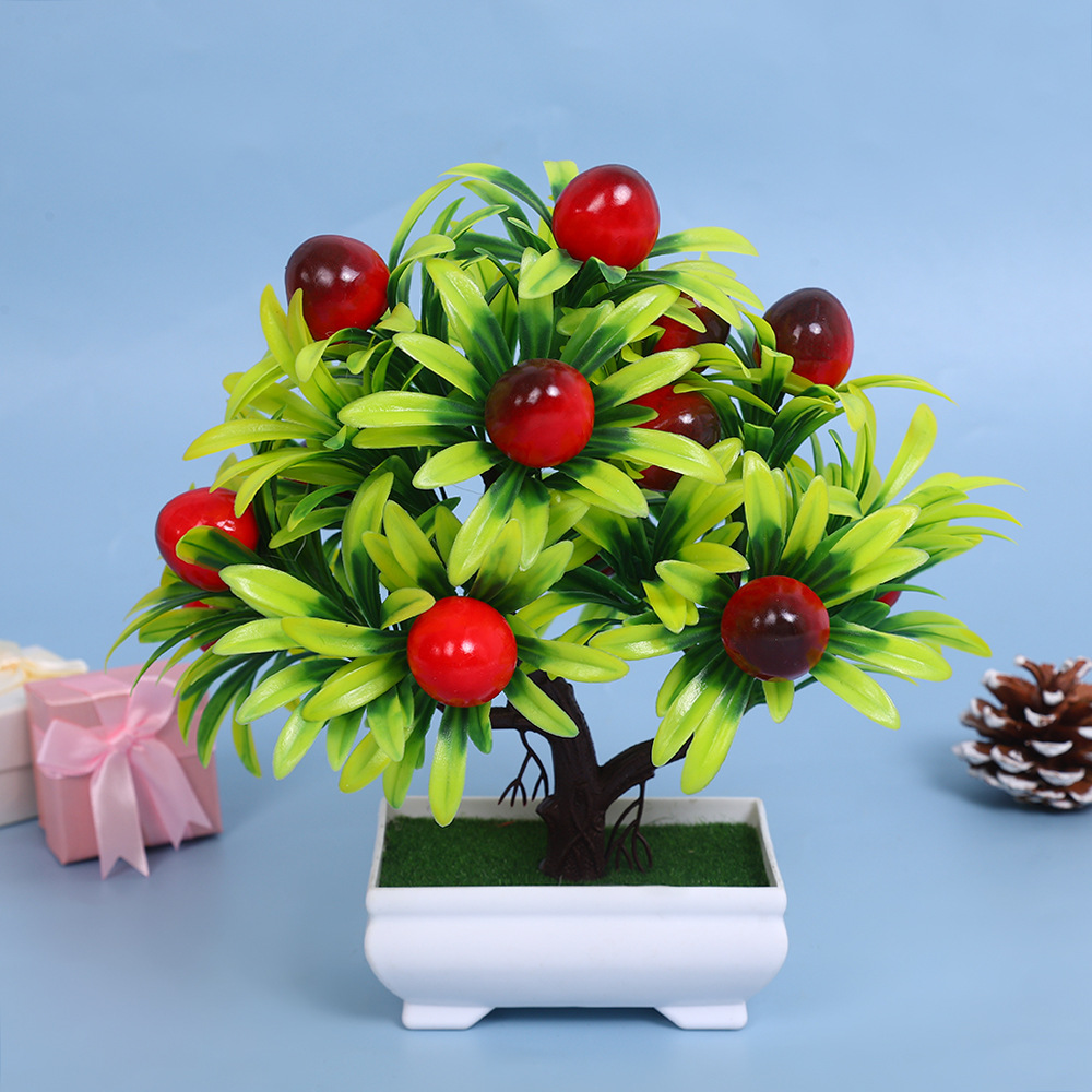 A comprehensive collection of simulated fruit potted plants and bonsai, including red apples, pomegranates, strawberries, oranges, peaches, mangoes, bananas, and red peppers for decoration pic 15