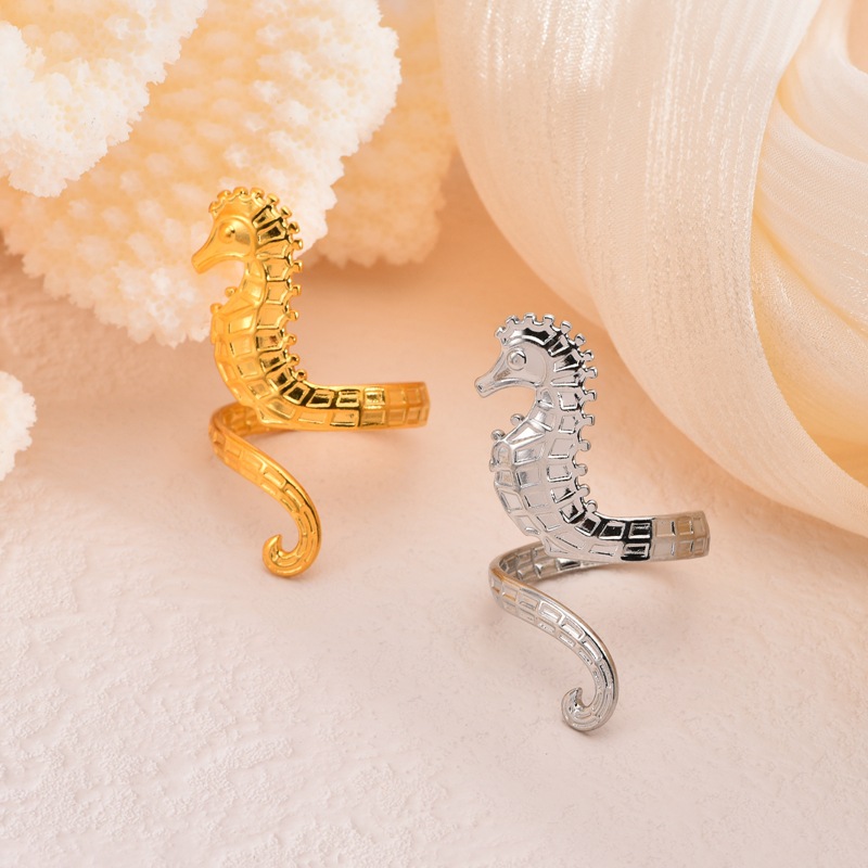 Wholesale of 18k gold stainless steel seahorse open ring with Marine elements in the classic INS style of Europe and America, which does not fade pic 15