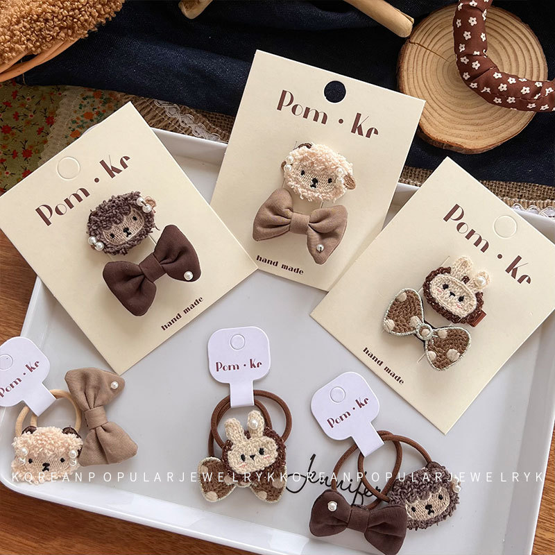 新款韩式宝宝布艺发夹卡通可爱兔兔发圈小羊珍珠初秋高弹力发圈详情7