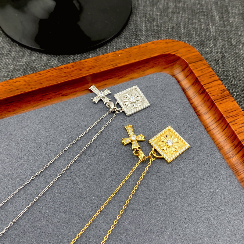 S925银十字花吊坠几何方形项链微镶轻奢电镀真白金颈链气质锁骨链详情17