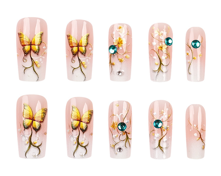 Wholesale of pink and white gradient diamond-encrusted nail plates, simple flower nail patches, cross-border best-selling butterfly wearable nails pic 23
