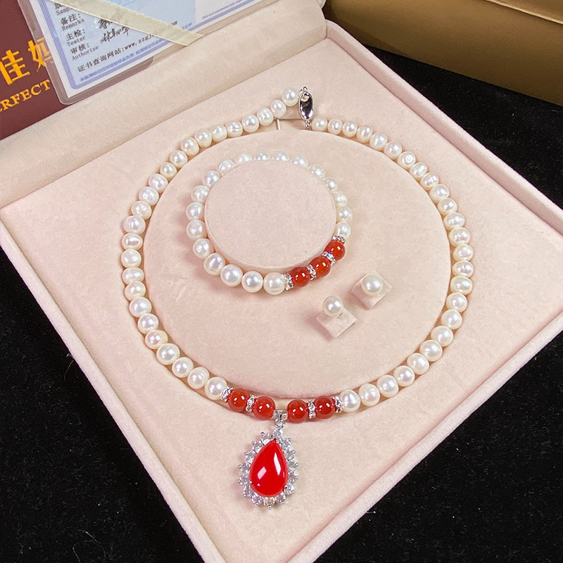 天然淡水珍珠项链绿玉髓吊坠白珍珠手链套装送妈妈婆婆母亲节批发详情35