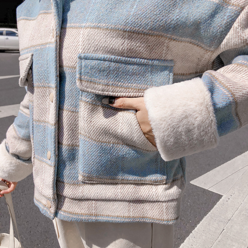 New loose checkered thickened windbreaker, short and versatile woolen coat for petite people pic 22