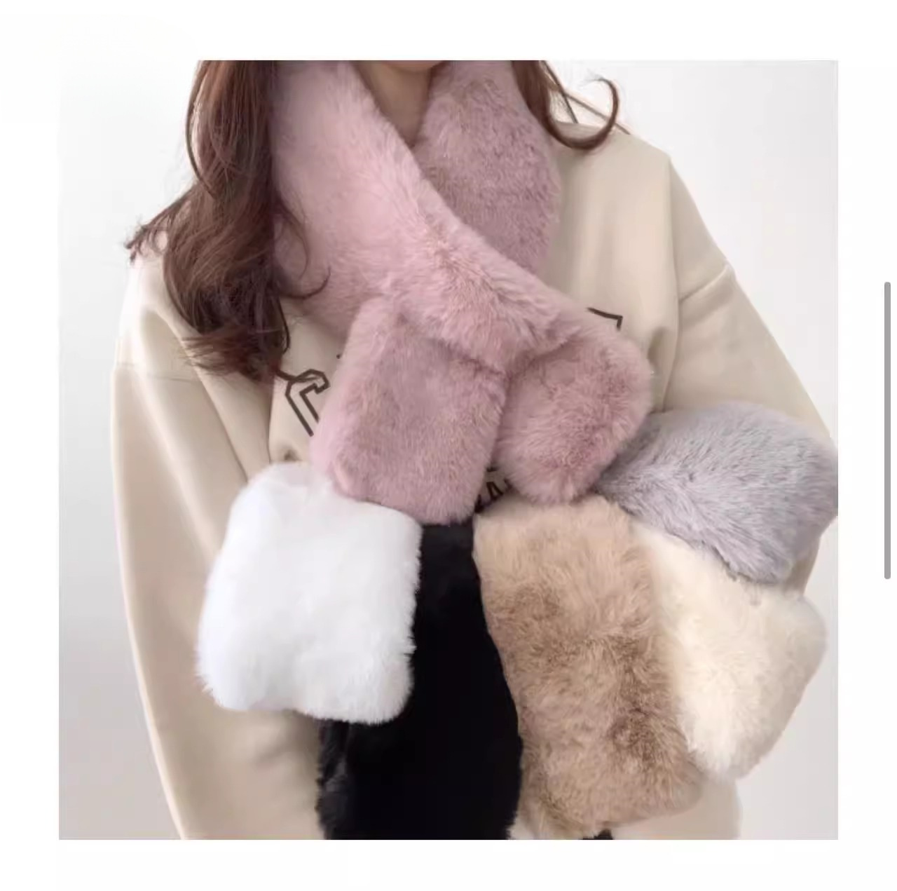 2024新款毛绒围巾女冬季韩版百搭保暖围脖学生加厚交叉脖套仿兔毛详情4