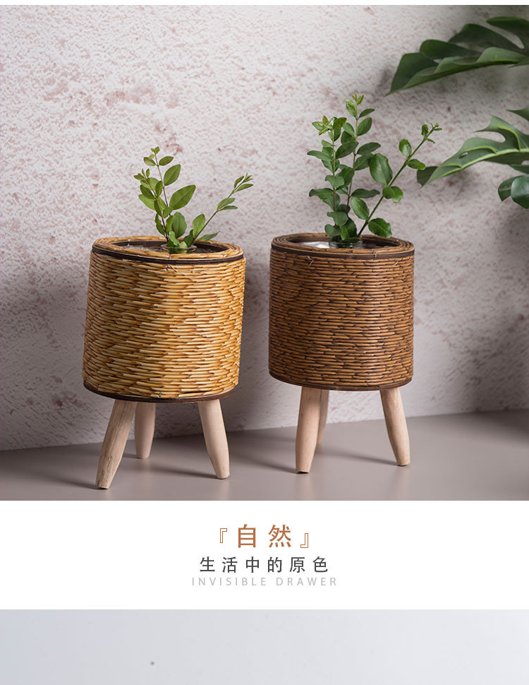 爆款藤编花架三角支架花盆桌面创意多肉收纳容器植物架草编盆批发详情10