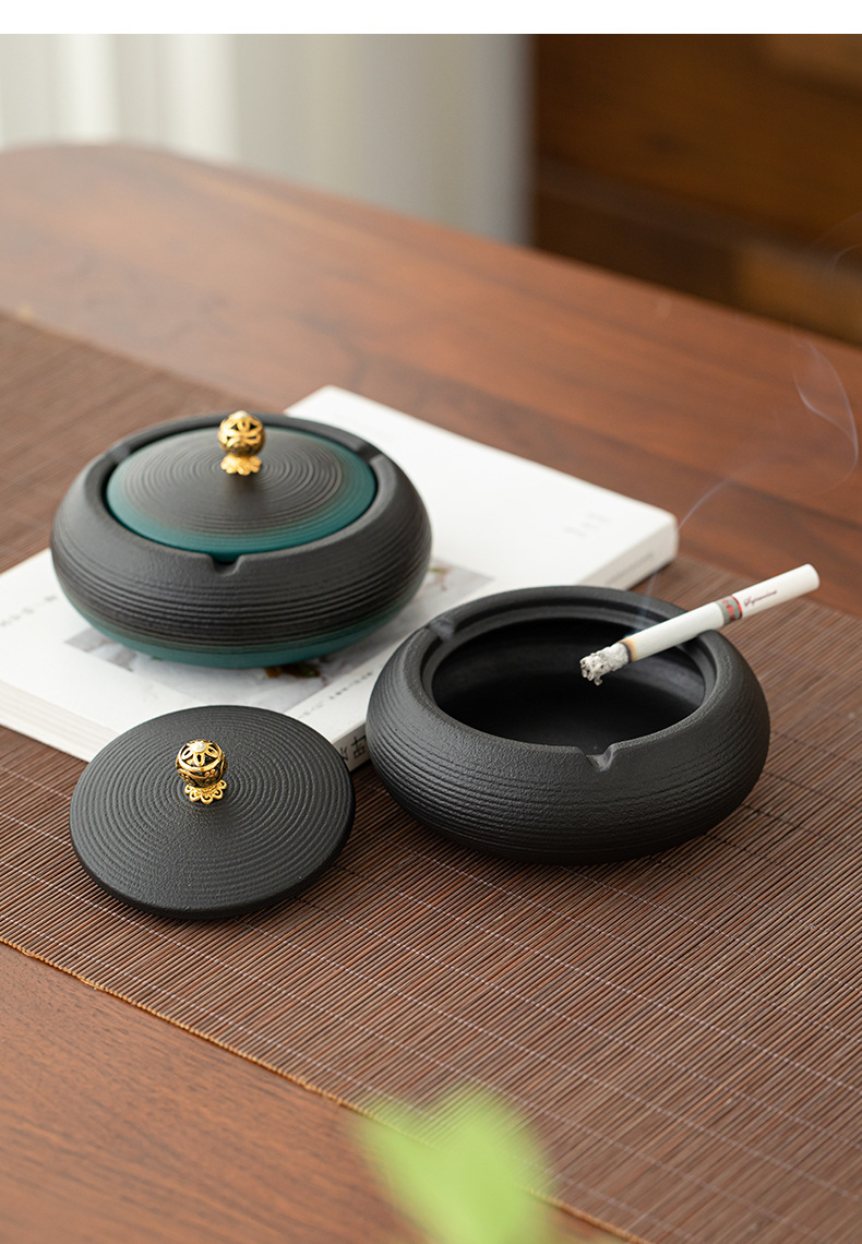 创意大烟灰缸家用陶瓷漏斗防飞灰带盖办公室烟缸客厅防风雕刻LOGO详情16