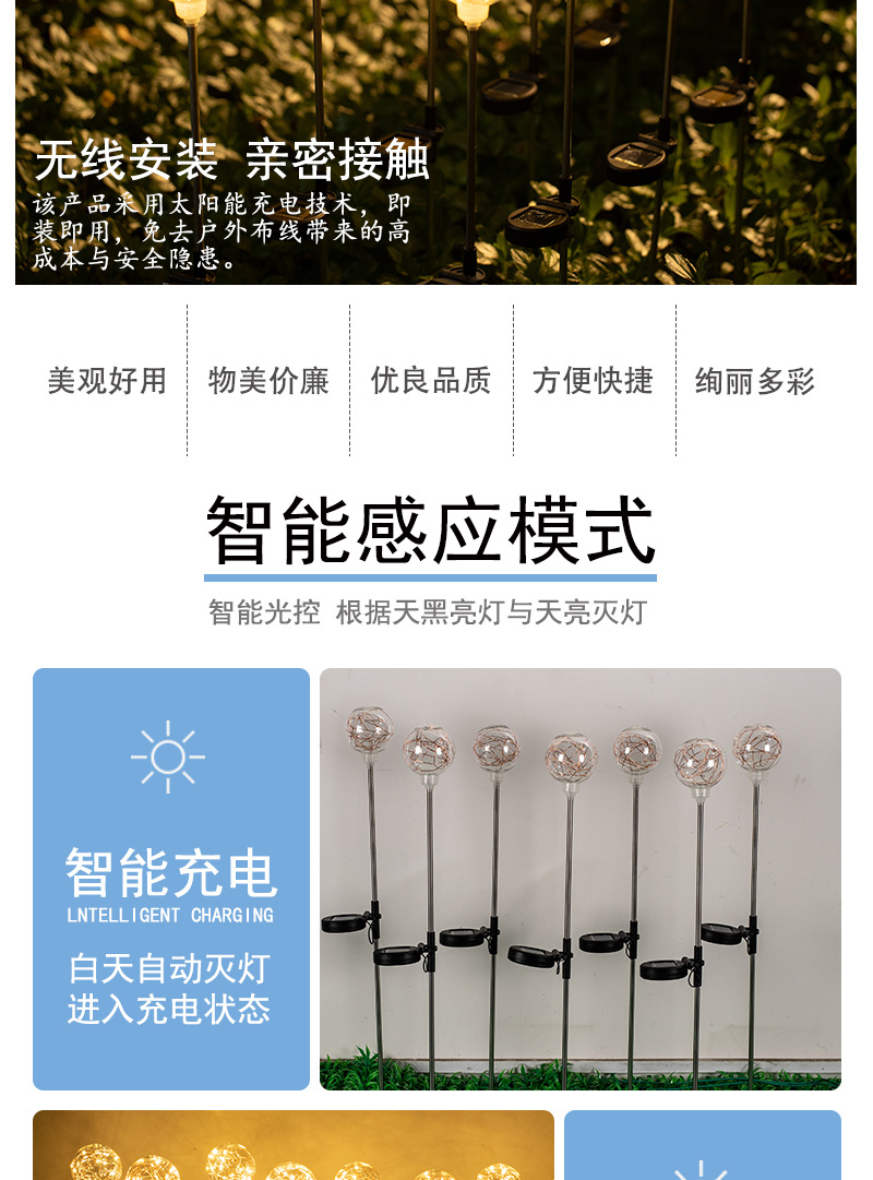 led solar 8-cm diameter copper wire spherical reed lamp, stainless steel pole solar light-emitting spherical garden lamp pic 3