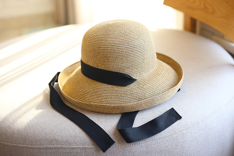 日本纸草卷边可折叠飘带丝带渔夫帽遮阳帽防晒沙滩帽女海边草帽详情2