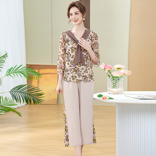 中年妈妈夏装棉麻套装洋气2024新款中老年女夏季短袖衬衫上衣薄款详情28