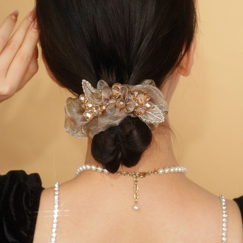 （活动专享）包邮！铂思亚抖音同款欧根纱满天星头绳水钻叶子头花头饰大肠发圈头绳女 拍一发2详情4