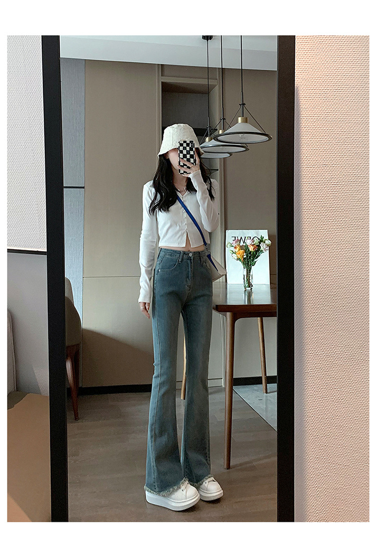 韩版复古高腰毛边微喇裤女2024秋季新款弹力修身显瘦喇叭牛仔裤子详情13