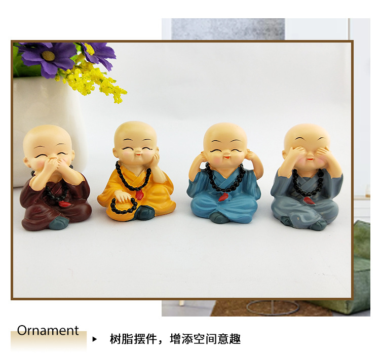 禅意戴佛珠和尚树脂卡通公仔摆件创意汽车饰品工艺品小和尚摆件详情2