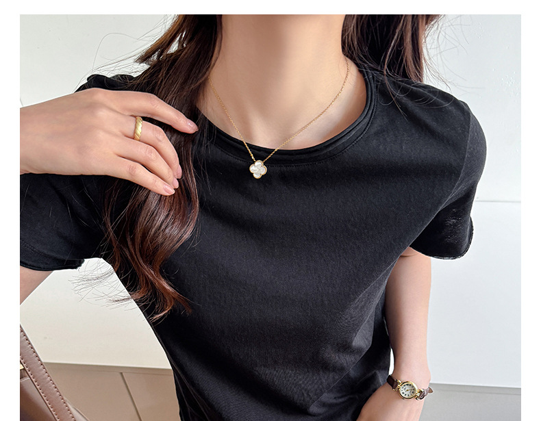 A new Korean-style small round neck, high-end design, off-the-shoulder short-sleeved T-shirt for women, versatile, loose snowflake cotton, slimming top pic 12