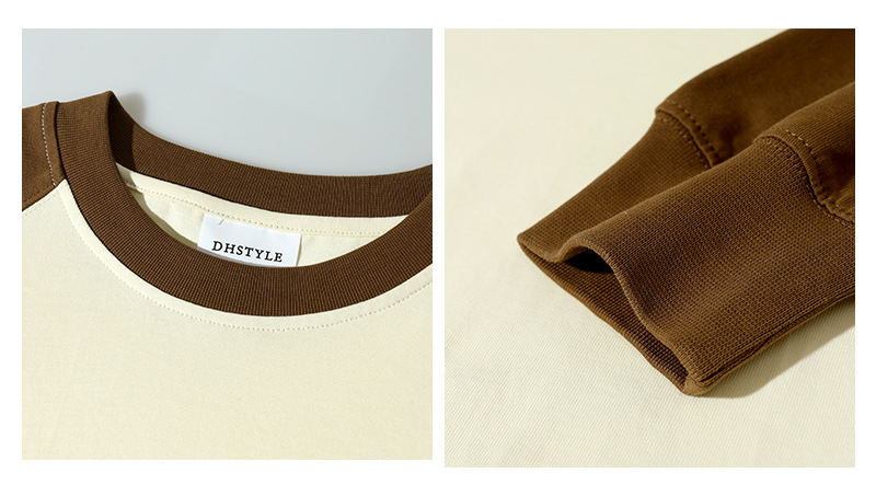 A 250-gram pure cotton off-the-shoulder threaded cuff round-neck long-sleeved T-shirt for women, featuring a loose, color-blocked base layer pic 3