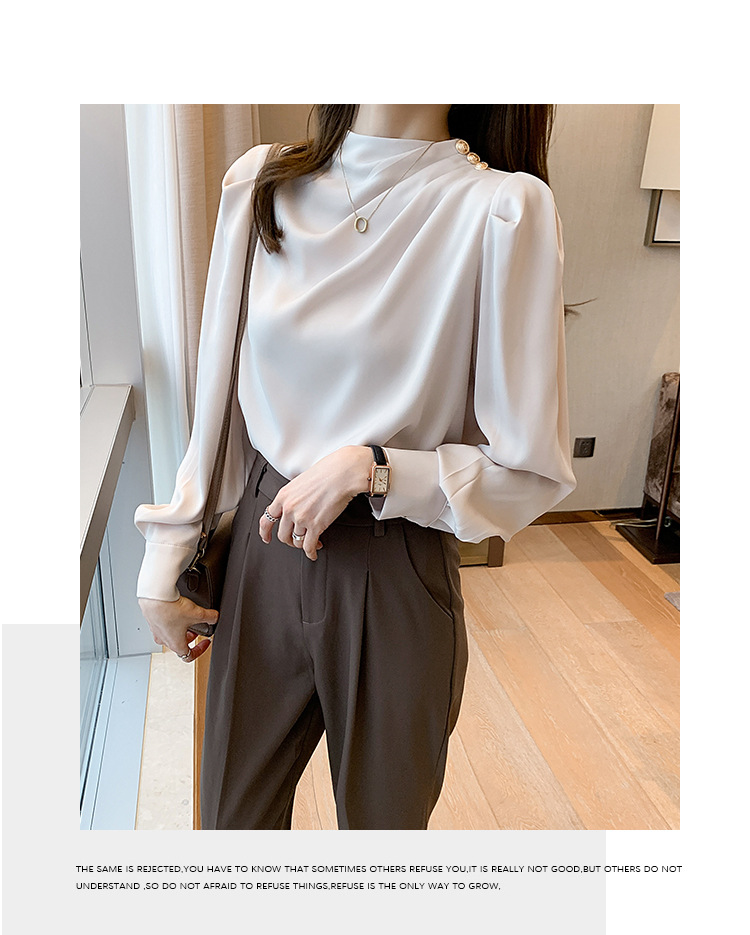 外贸供货2023轻熟气质立领褶皱灯笼袖时尚长袖上衣宽松女士衬衫详情32