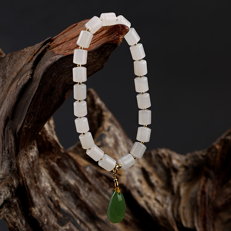 DIY pure gold 18K handcrafted series, natural and versatile old material Hetian jade bucket bead bracelet, small drops of jade water pic 11