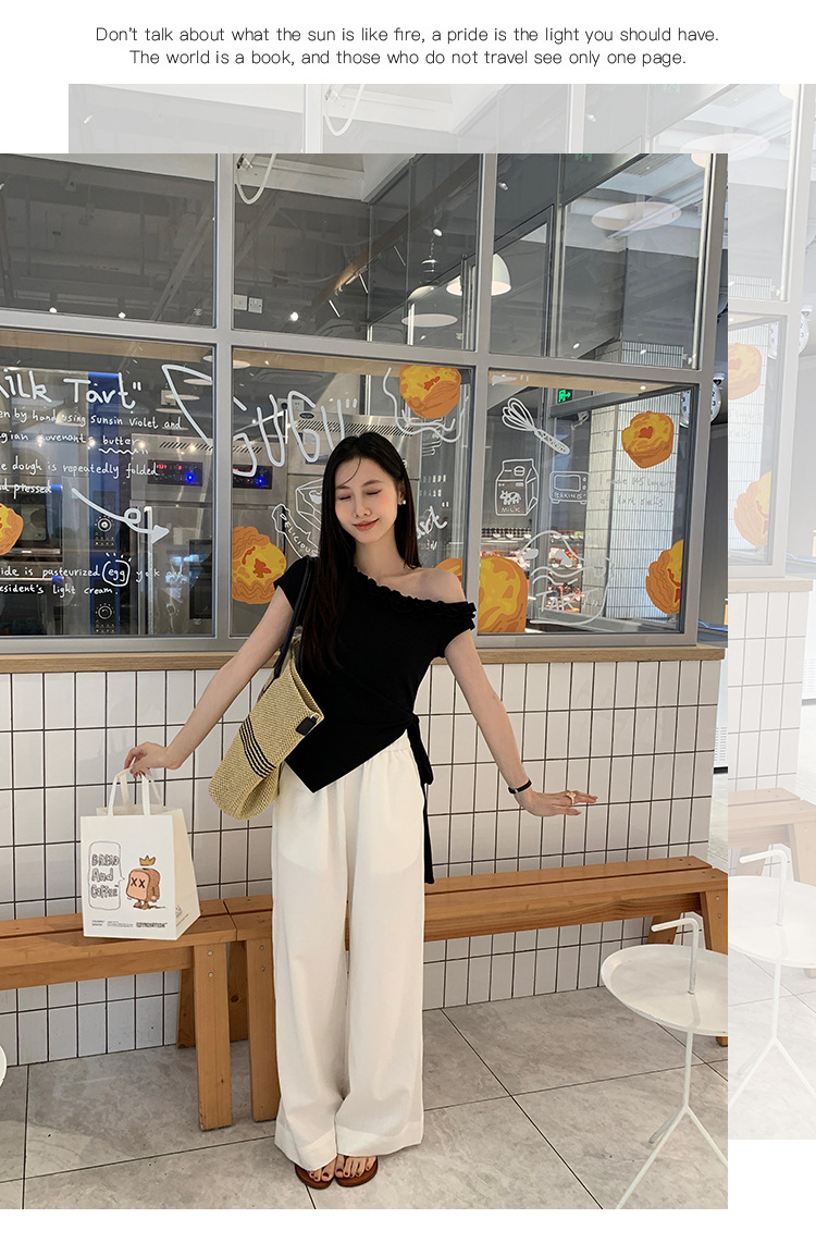 爱西里2025夏季减龄甜美拼木耳花边斜肩下摆不规则短袖T恤女13835详情33