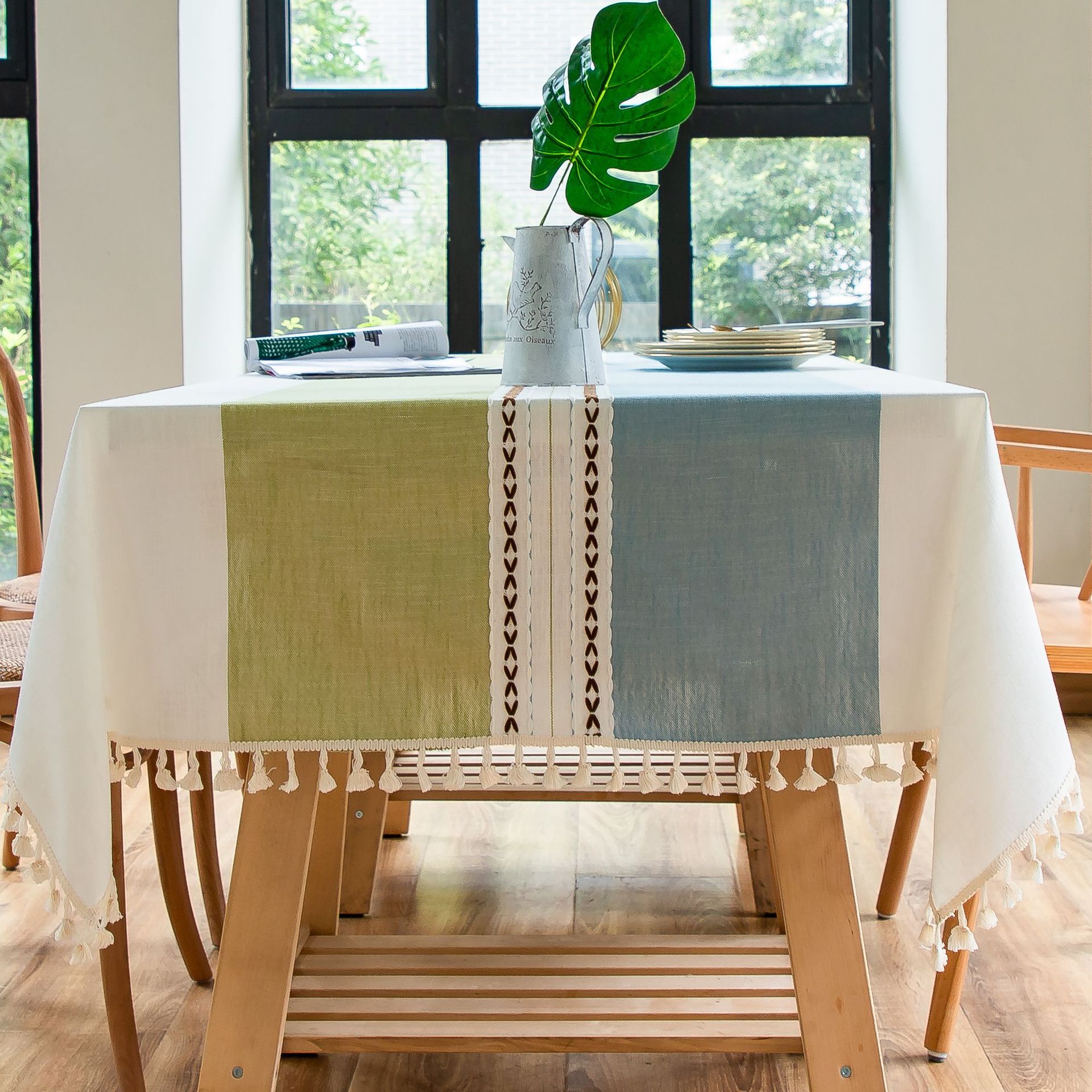 Cross-border Japanese color-blocking and color-blocking embroidered tassel tablecloths, kitchen, dining room, party, family table cover decoration, cotton and linen pic 23