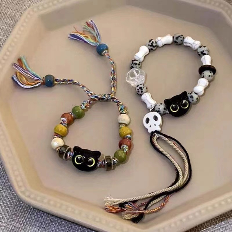 Skull cat ceramic woven bracelet, a niche design, sweet and cool Chinese style, colorful and fashionable, with a unique personality pic 1