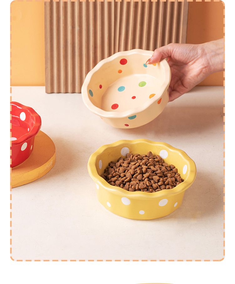 陶瓷猫碗花边波点宠物碗防黑下巴猫食盆猫粮碗小型犬泰迪宠物用品详情4
