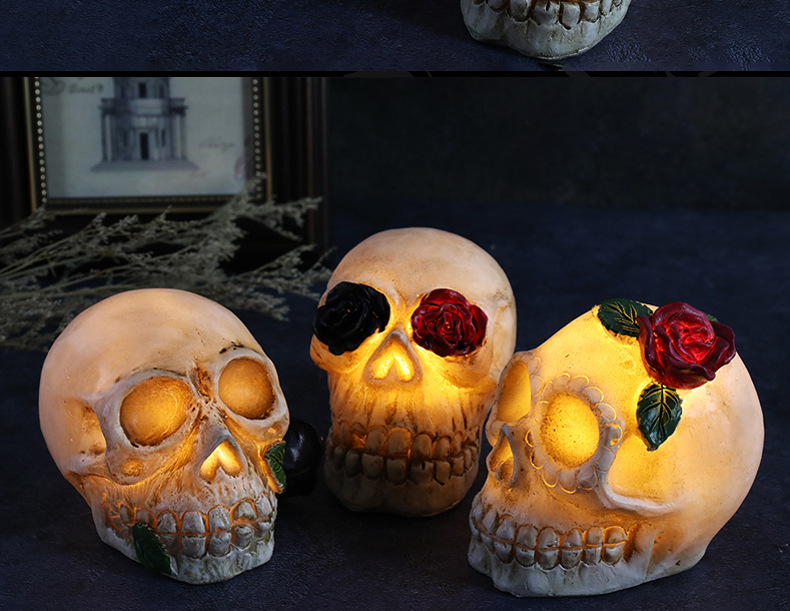 跨境新款万圣节发光树脂骷髅头LED恐怖骷髅装扮道具万圣节装饰品详情11