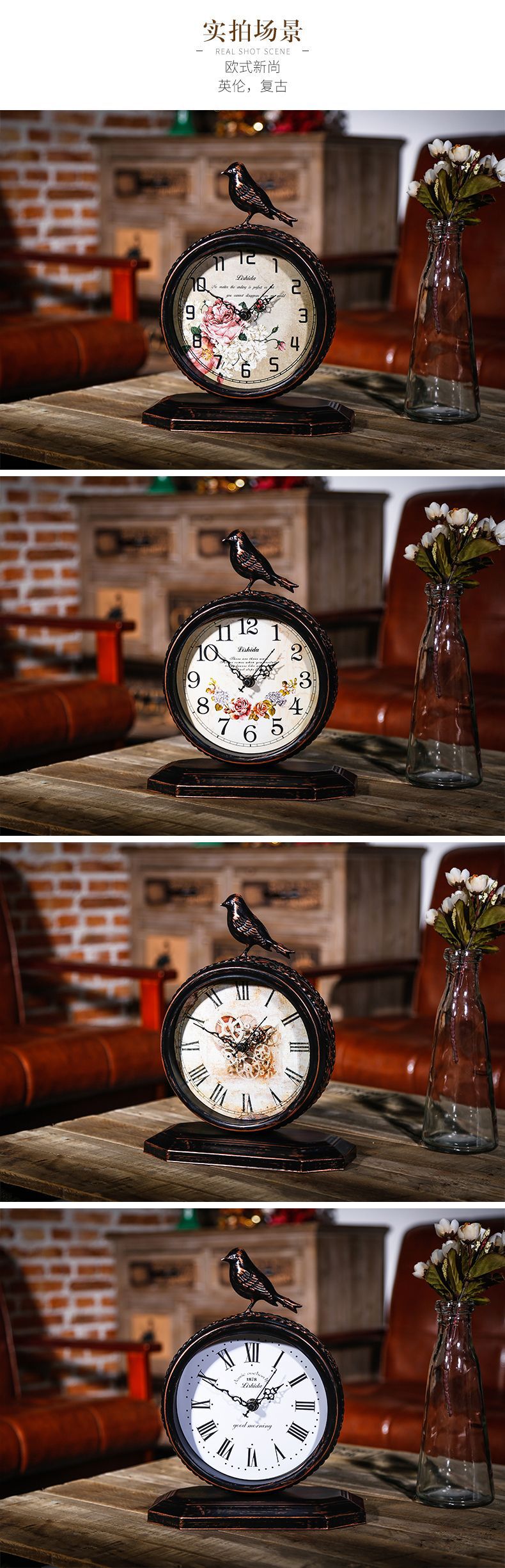 American country retro ironwork silent table clock, fashionable and individual European desktop clock, bedside table antique clock, bird clock pic 3