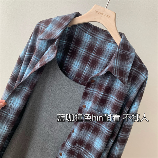 A retro, fashionable, loose and slimming mid-length brushed checked shirt for women in spring, new F090225 pic 4