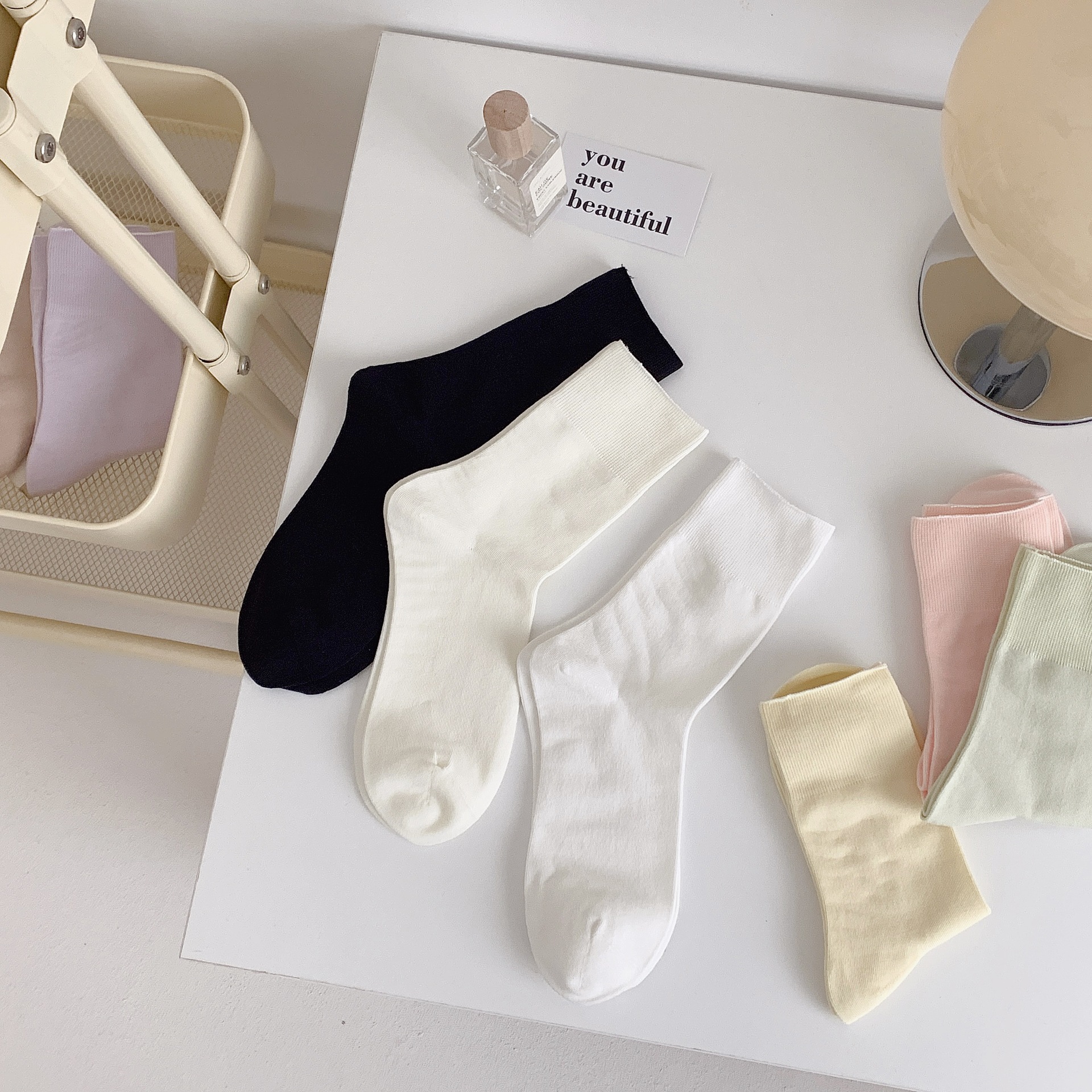 夏天女生袜子无骨堆堆月子袜日系马卡龙色松口春夏薄款简约中筒袜详情3