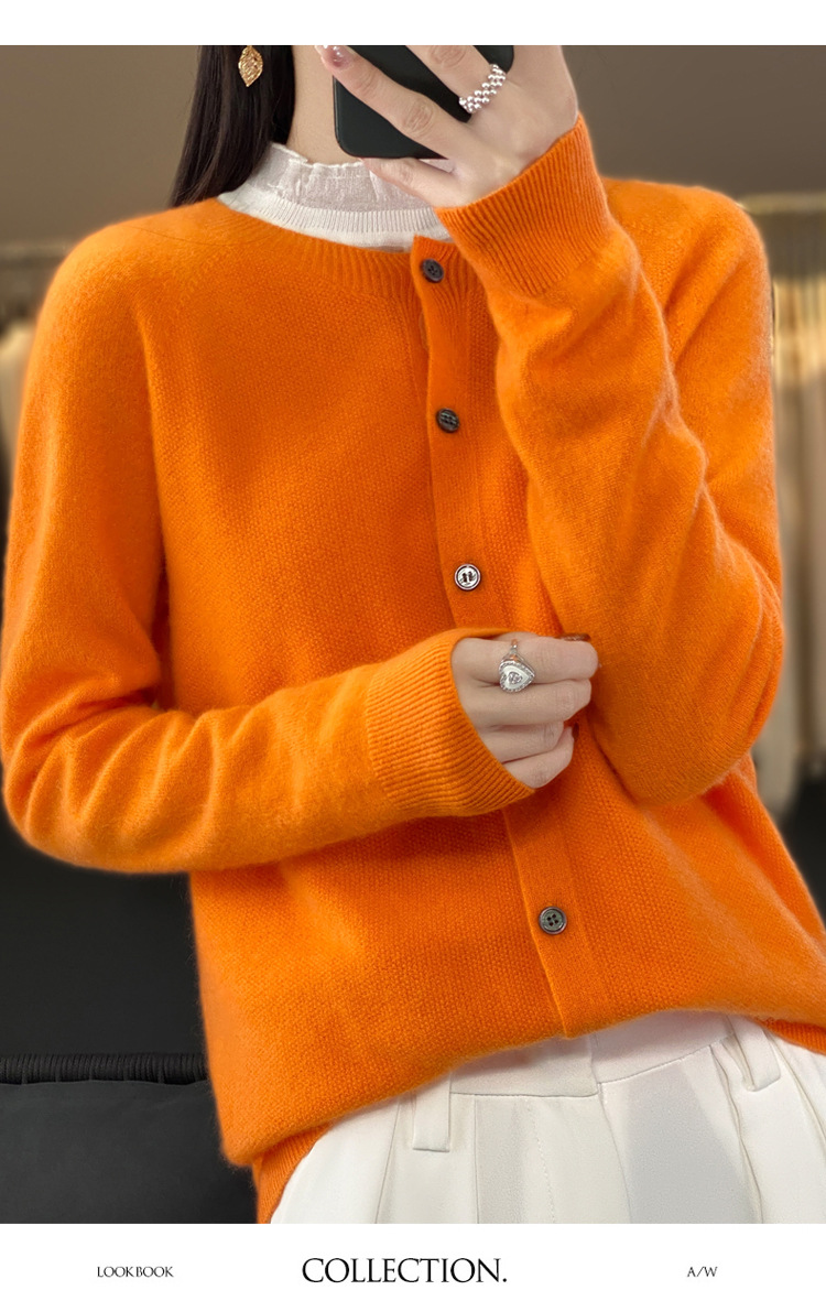 爆款批发秋冬季新款纯羊毛桂花针开衫宽松大码圆领羊毛衫详情15