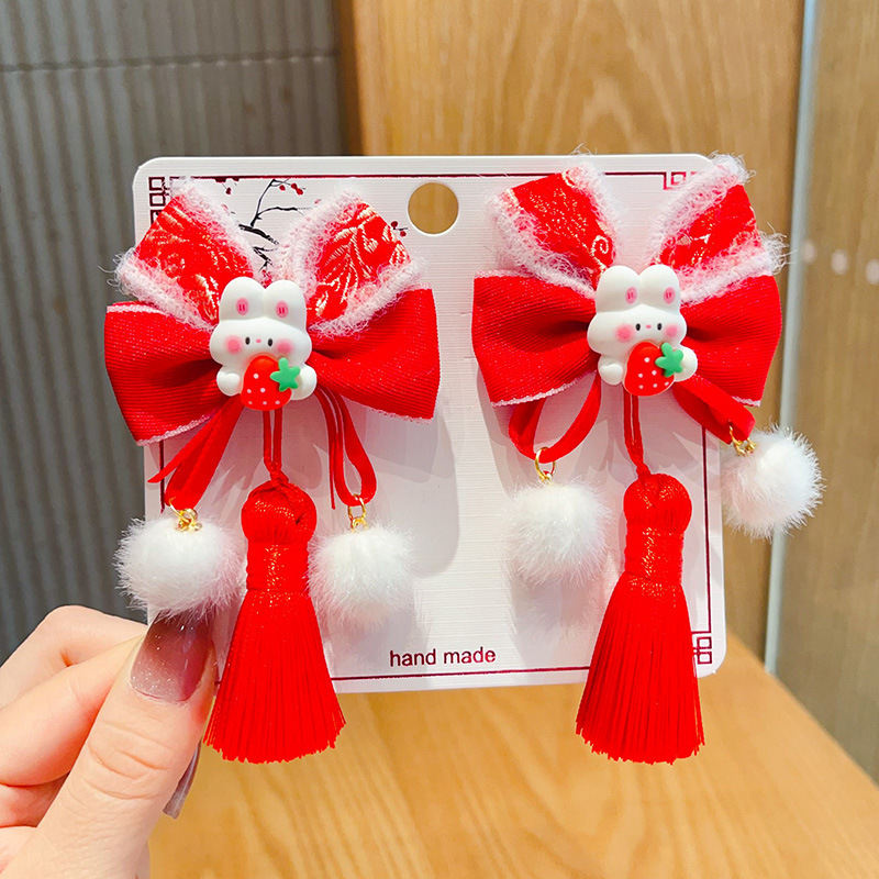 新年款红色古风流苏发夹儿童汉服发卡头饰女童复古蝴蝶结发夹发饰详情47