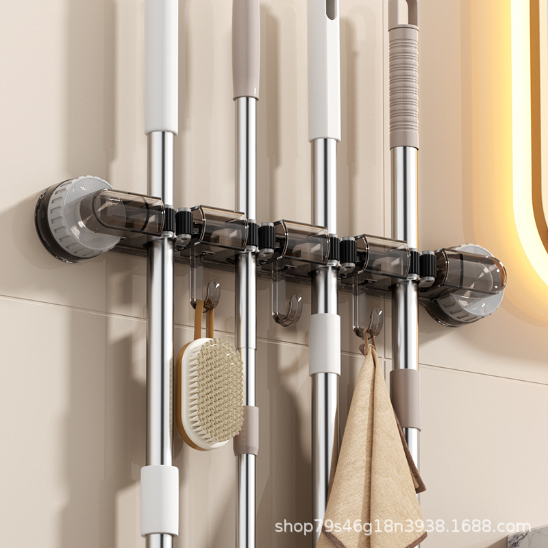 Wall-mounted four-clamp mop rack, powerful suction cup mop rack, multi-purpose hook hanging rack for kitchen and bathroom, household storage rack pic 21