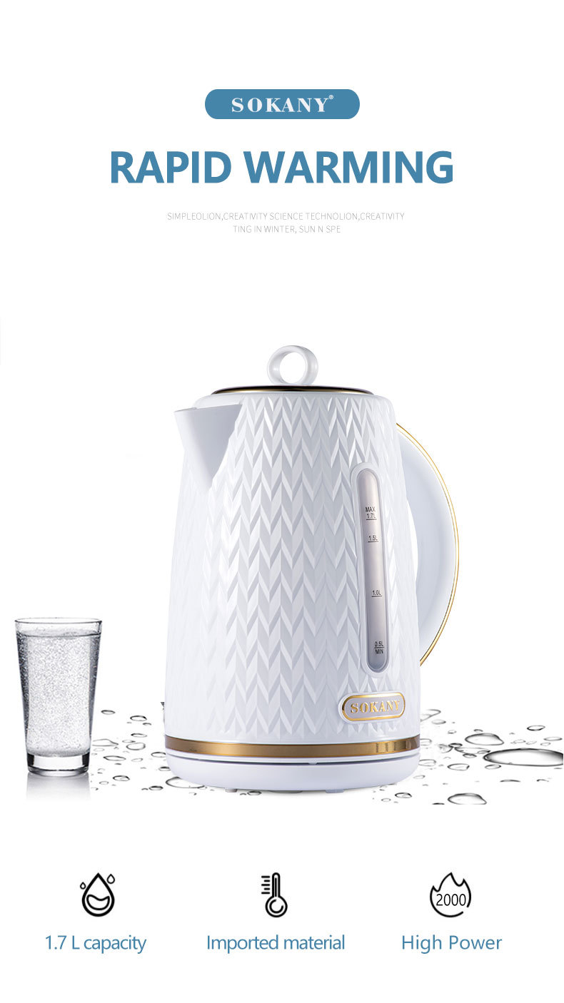 Cross-border SOKANY1044 water kettle for quick water boiling, heat preservation and rapid heating. It is a high-end white water kettle pic 1