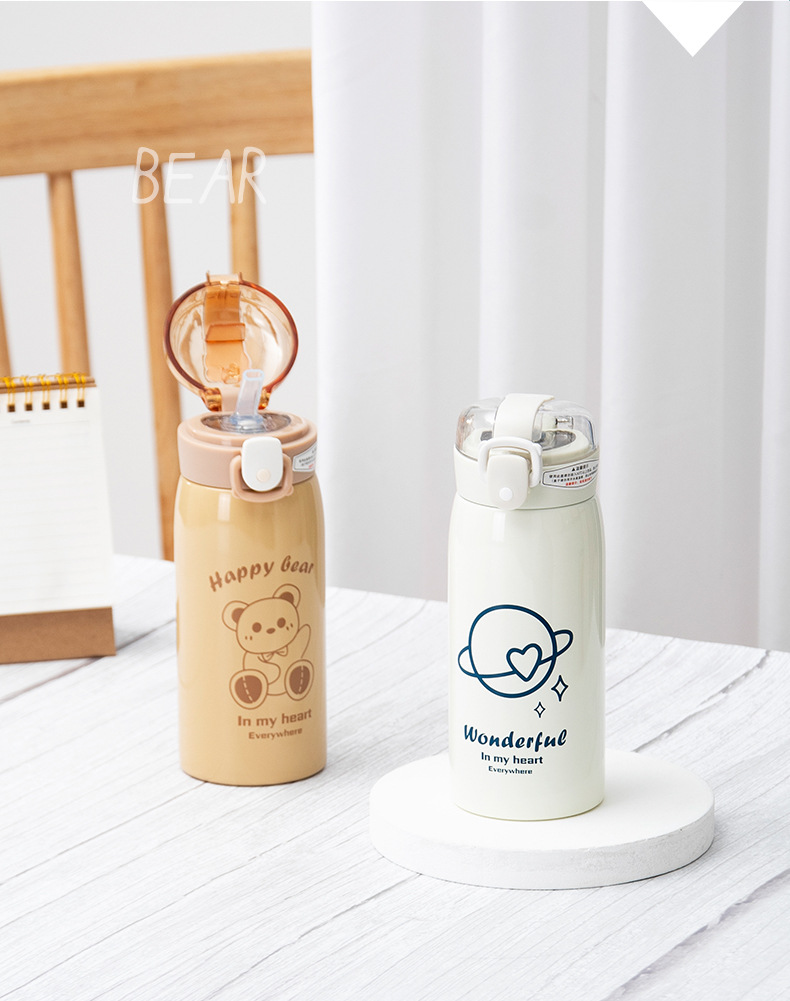 Cute bear transparent lid straw insulated cup, 304 stainless steel bouncing lid, fresh, simple, portable and easy to use pic 3